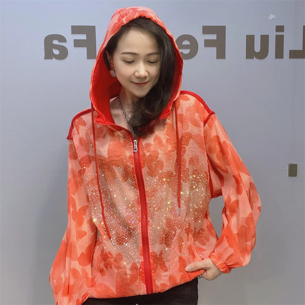 

Летняя женская куртка с капюшоном и цветочным принтом бриллиантов, тонкое солнцезащитное пальто, кардиган на молнии со сверкающими стразами, топы
