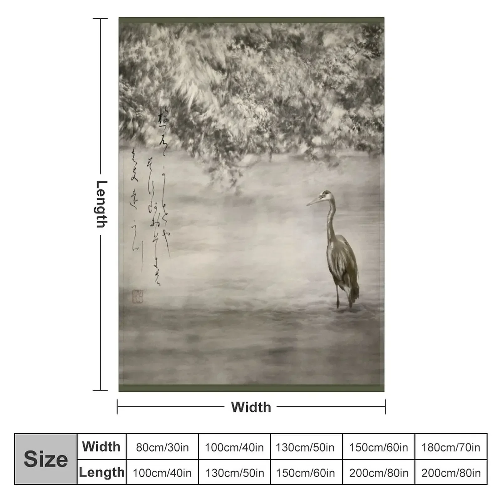 Pond and Heron Poetry Haiga - Haiku yuu kaze ya Throw Blanket Stuffeds Soft Plush Plaid Bed linens Blankets