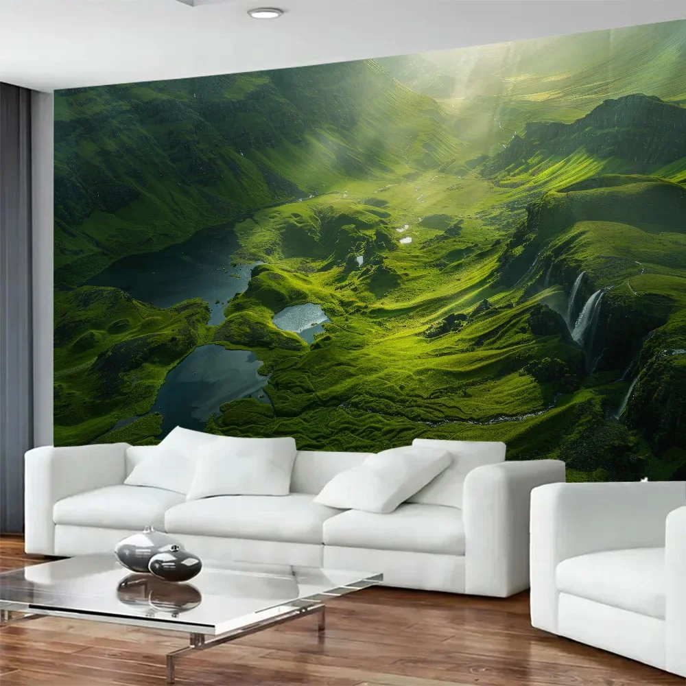 Green mountain and river tapestry wall hanging, Bohemian hippie background poster, home art decoration fabric mural, bed sheets