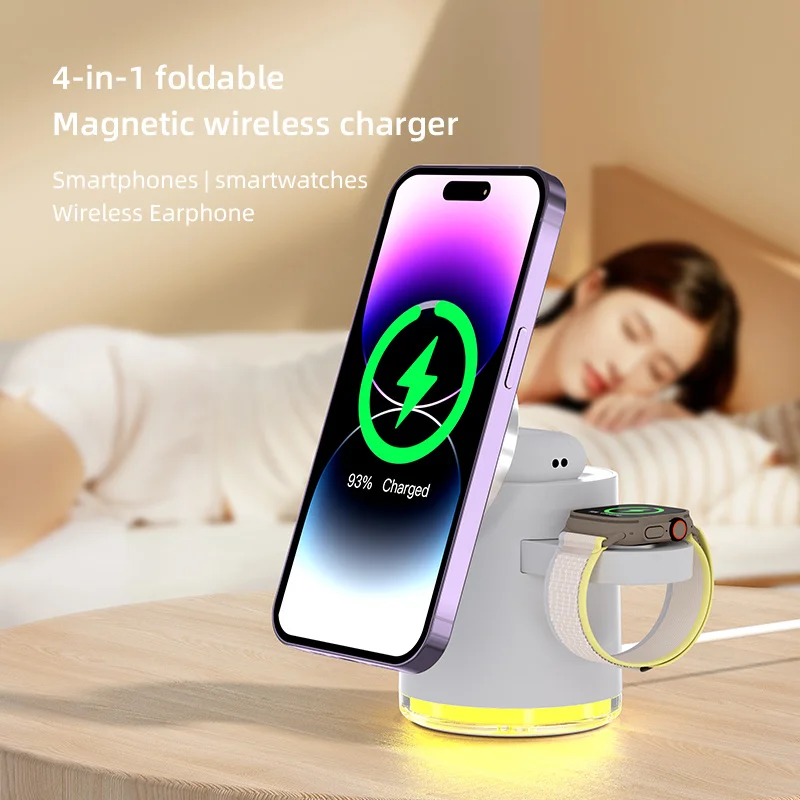 

For Samsung Apple Watch AirPods iPhone 15W Magnetic Wireless Charger Stand Holder with Night Light