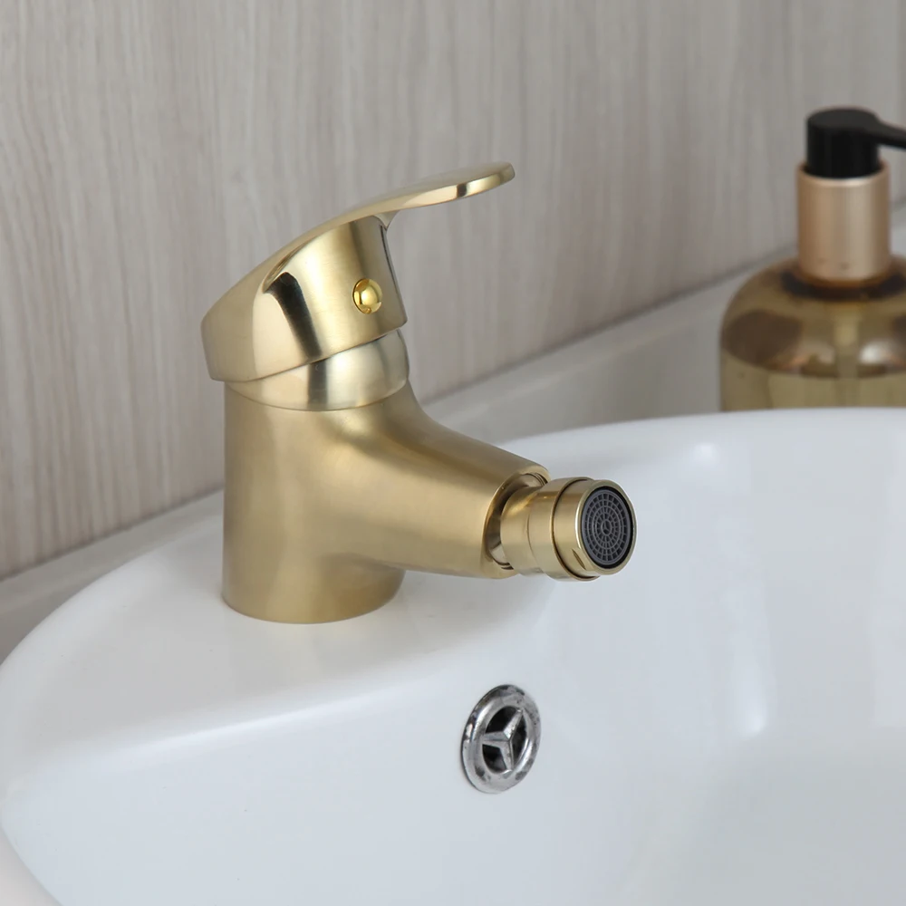 KEMAIDI Brush Gold Bathroom Bidet Faucet Solid Brass Deck Mounted Basin Sink Faucets Mixer Tap Hot Cold Water Mixer Tap 1 Handle