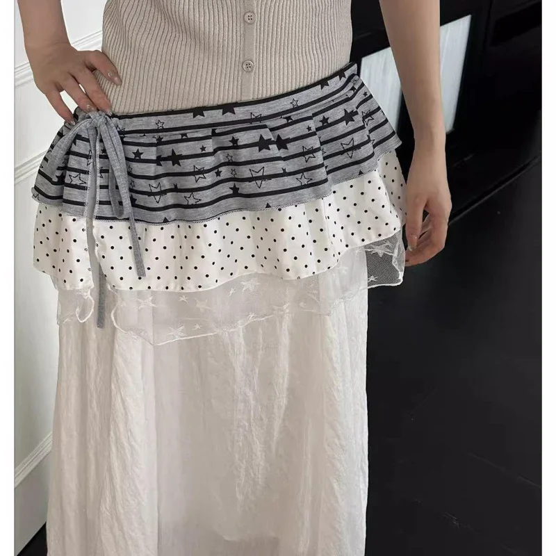 Women Y2k Layered Tiered Mini Skirt Star Polka Dot Print Mesh Hem Elastic Waist Streetwear Cover Up Skirt One-piece Wrap Skirt view 4