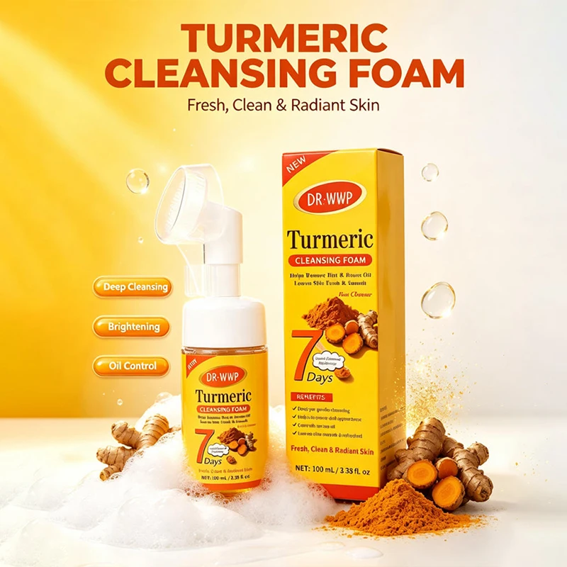 Turmeric Facial Cleansing Foam Built-in Cleansing Brush Deep Clean Oil Control Brightening Skin Gentle Face Wash Foam