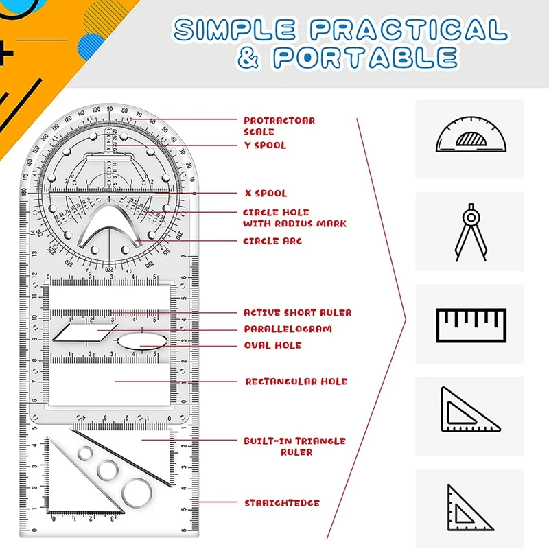 4Pcs Multifunctional Geometric Ruler Measuring Drawing Ruler Plastic Mathematics Tools For Student School Office Supply