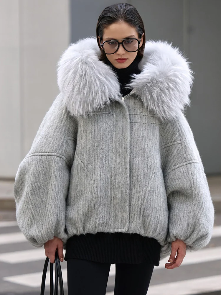 

Women Winter Warm Goose Down Jacket Wool Woolen Jackets Real Fox Fur Collar Hooded Thick Female Outwear Coat Puffer Jacket