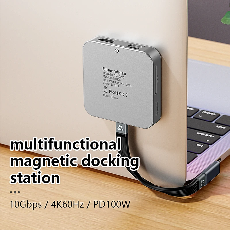 

EE1 Magnetic M.2 NVME SSD Enclosure 9 in 1 USB C Type C Hub With 3.5MM Audio USB A USB C 3.2 SD/TF 4K 60Hz HD HDTV Multiport Ada