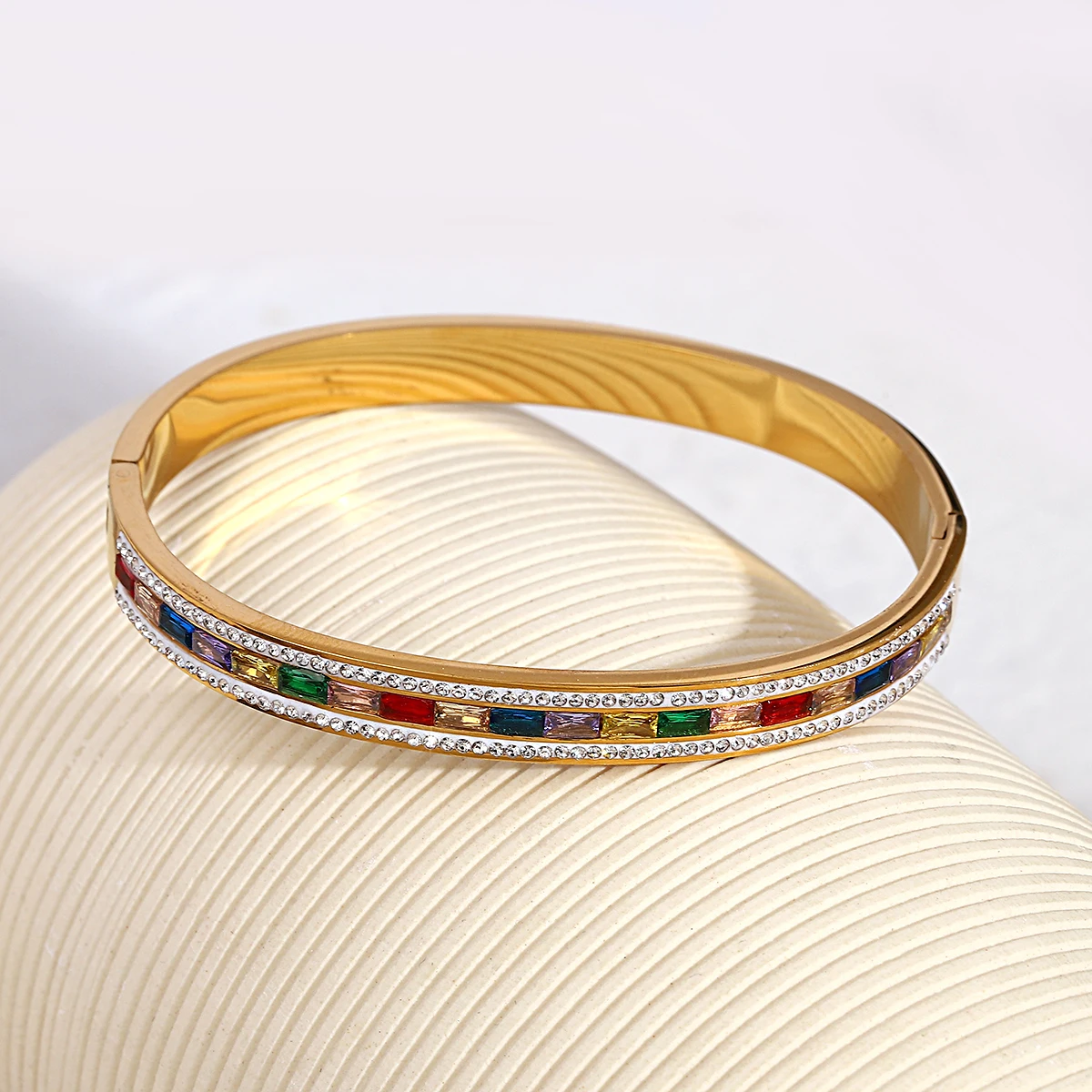 Greatera Luxury Colorful Cubic Zirconia Charm Bangles Bracelets for Women Gold Color Stainless Steel Rhinestone Bangle Jewelry
