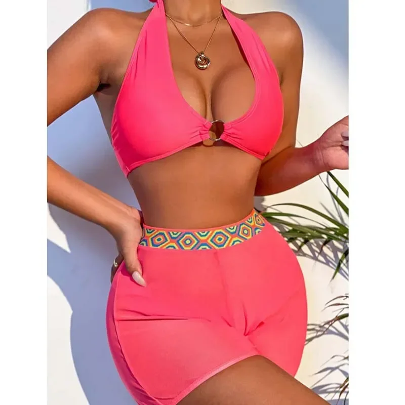 

2026 New Bikini Sets Swimsuit Women Three Piece Suits Swimwear Solid Color Deep V-Neck Bathing Suit Beach Vacation Swimsuit