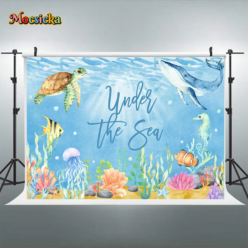 Latar Belakang laut kartun moclicka dasar air di bawah ikan air Ulang Tahun Baru lahir pesta bayi baru lahir spanduk latar belakang dekorasi
