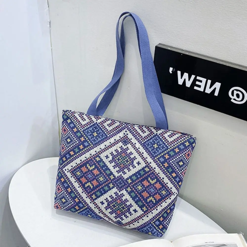 Embroidery Ethnic Style Canvas Bag Cute Portable Large Capacity Canvas Handbag Mommy Bag Storage Bag Striped Tote Bag Picnic