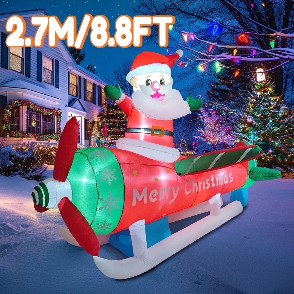 Luces inflables de avión de Papá Noel de 2,7 M/8,8 pies, decoraciones LED para el hogar, juguetes, suministros de jardín de Navidad, decoración navideña para jardín al aire libre