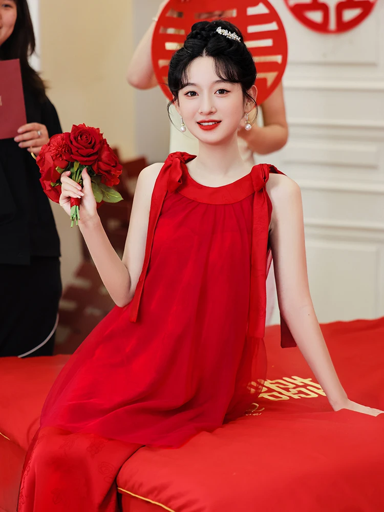

Spring Summer Red Wedding Dress Maternity Gown Women's New 2026 Elegant Bridal Party Dress plus Size Floral Embellished