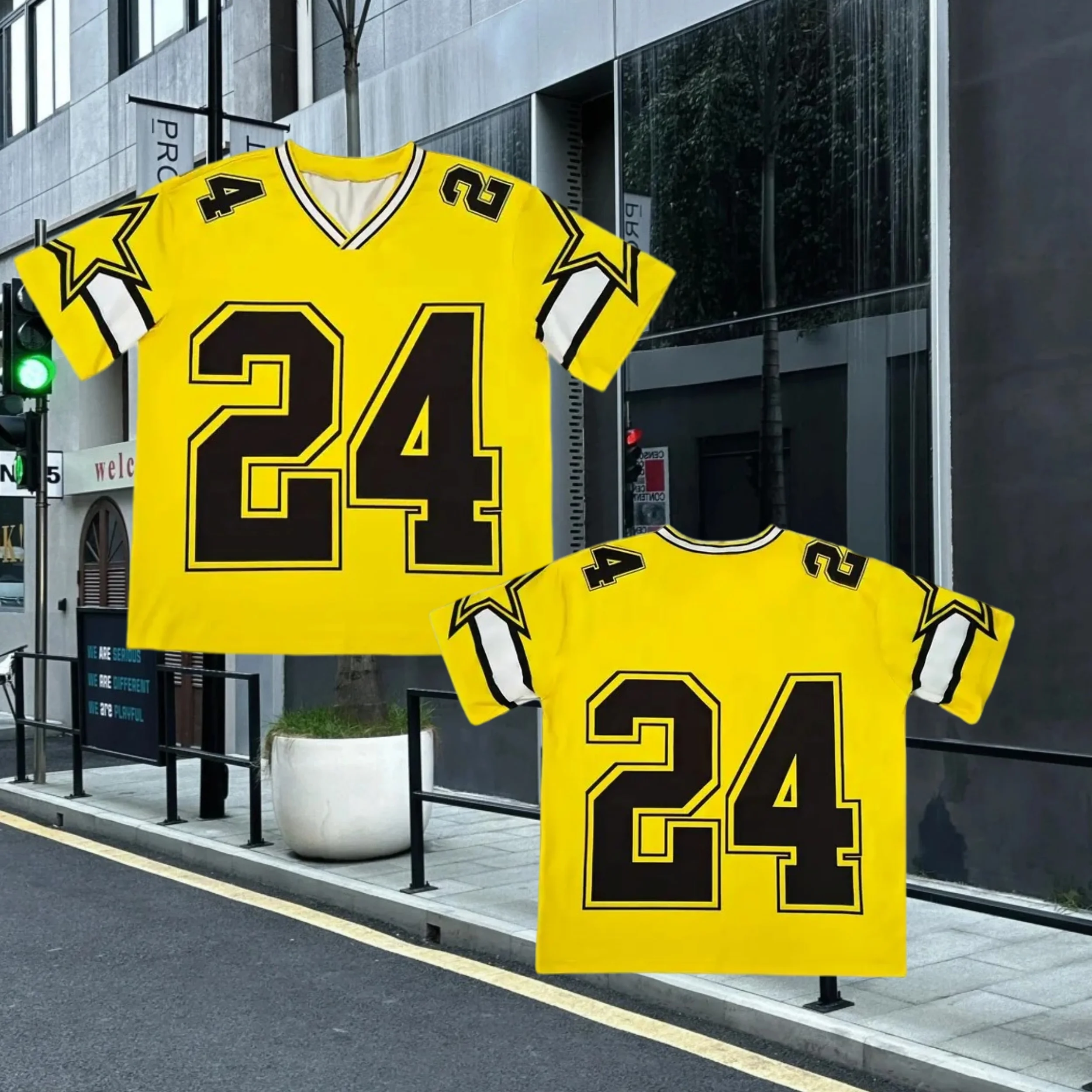 

25/26 NEWSummer Women NO.24 Print V-Neck Short Sleeve Yellow T-Shirt Graphic Tee Baseball Jerseys Stripe Oversized Sport T-Shirt