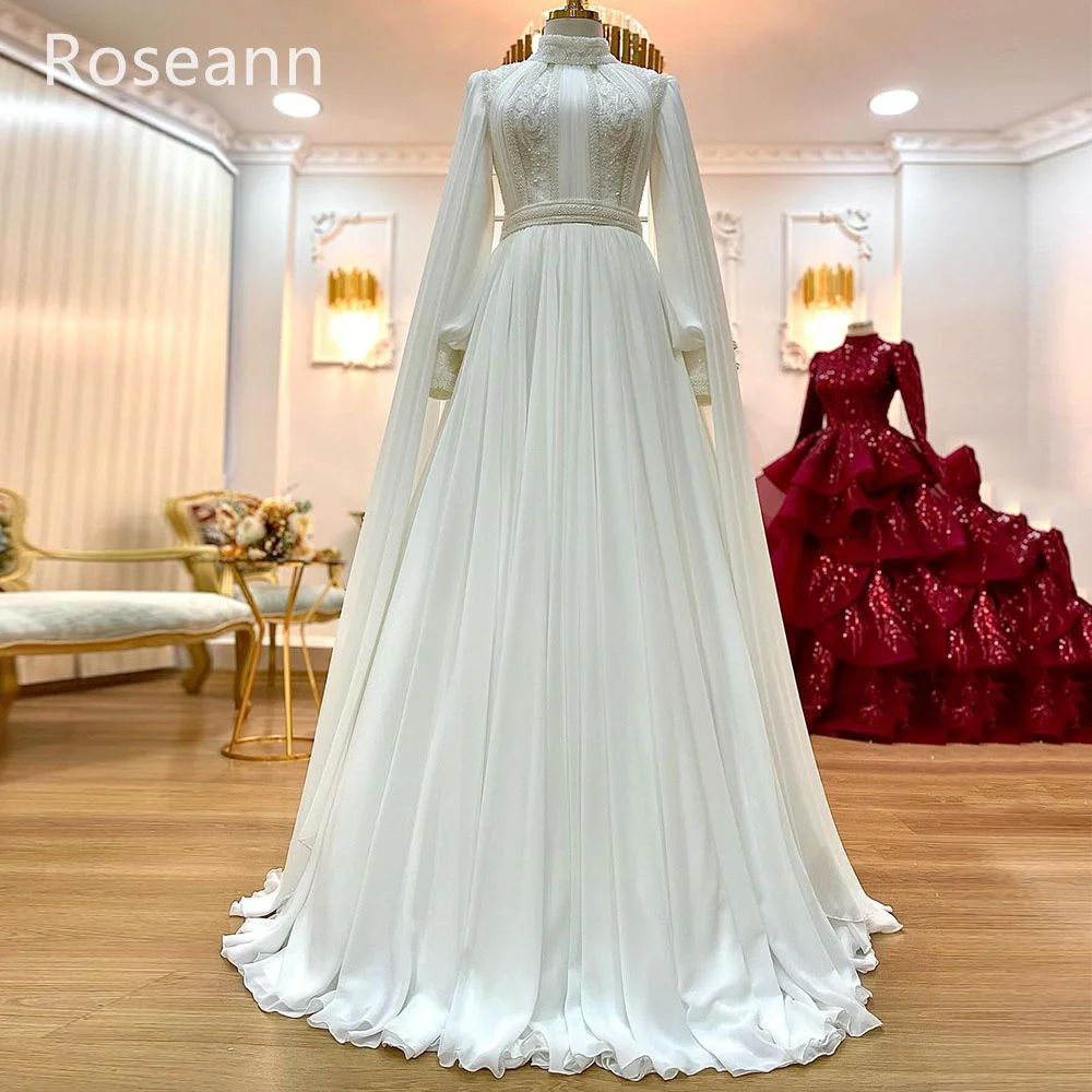 Muslim A-line Wedding Dresses 2023 New Design Paillette Pearls High Collar Applique Satin Bride Gown Floor Length robe de mariée