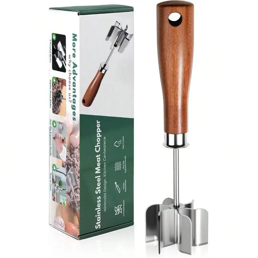 1pc Stainless Steel Meat Chopper With Wooden Handle, Ground Beef Masher, Hamburger Smasher, Multifunctional Mix & Chop Kitchen G