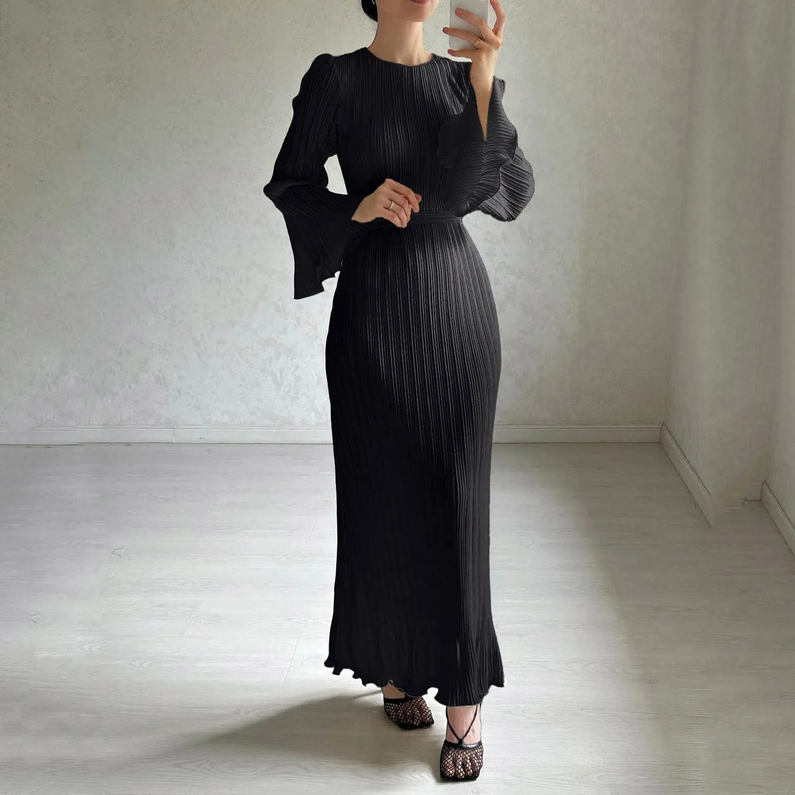 Women Summer Solid Tunics Pleats Maxi Dress For 2024 New Spring Fashion Bell Sleeves Festa Luxo Party Elegant Long Sleeve Dress