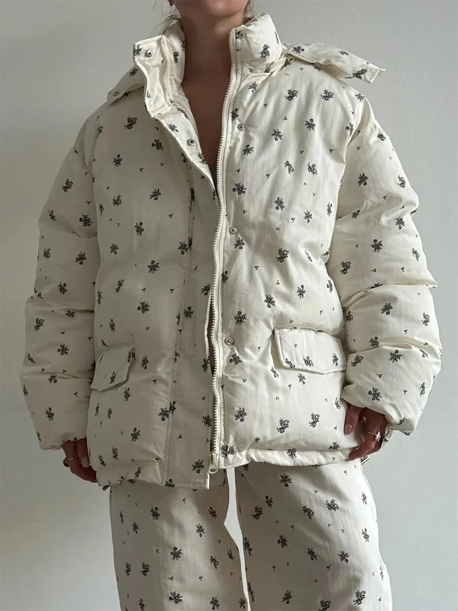 Wolfeel 2026 Winter New Flower Bread Cotton Jacket Warm and Fashionable Drawstring Design Loose Medium Length Fashion Jacket