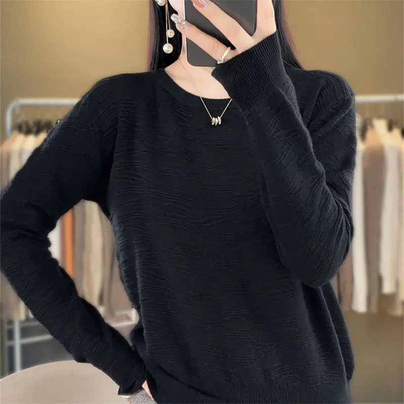 Spring Autumn Round Neck Solid Color Pullover Lantern Long Sleeve Women\'s Clothing Casual Sweater Knitted Screw Thread Tops