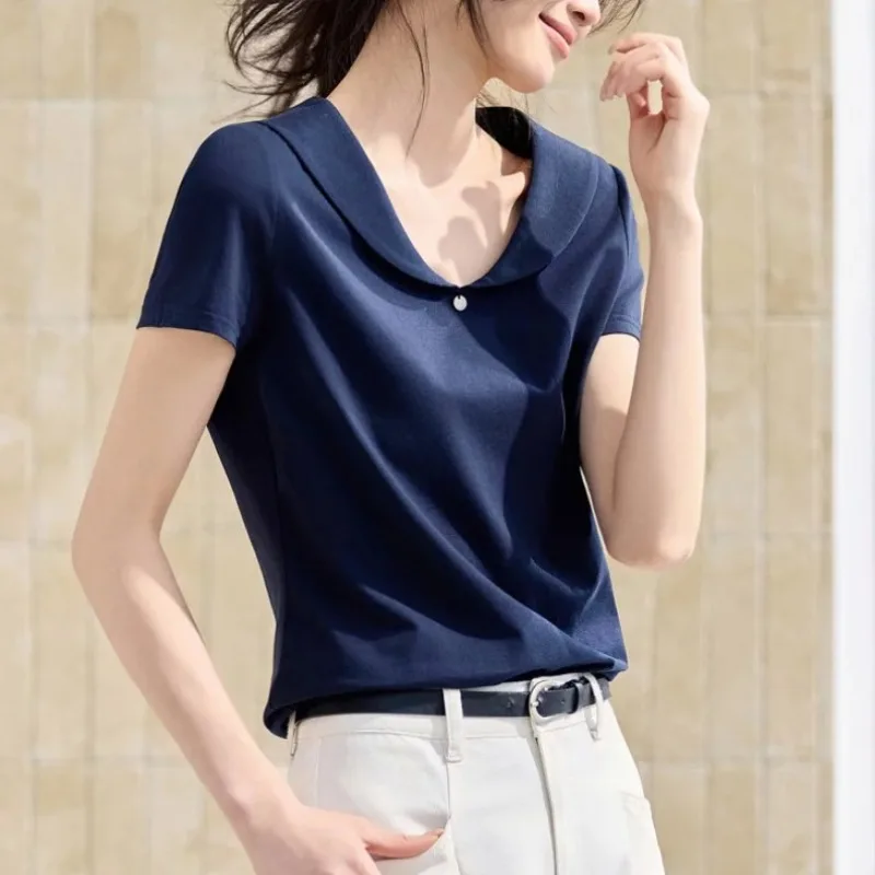 Women Peter Pan Collar T Shirt Decor Button Solid Color Slim Fit Short Sleeve Commuter Basic Tops