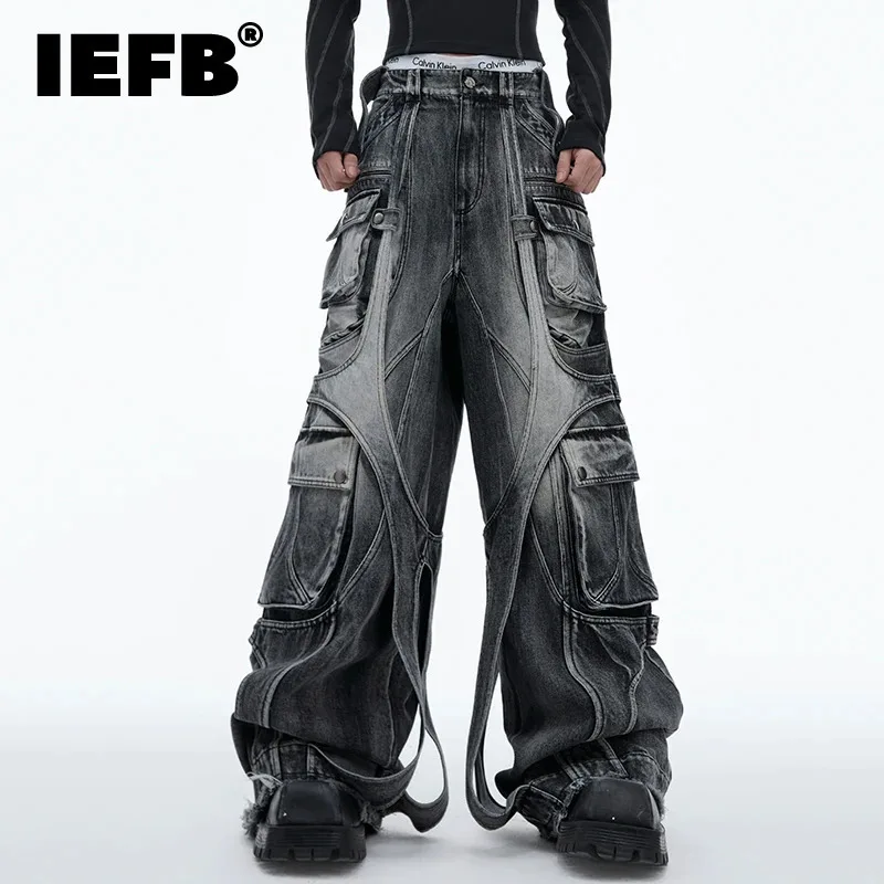 

IEFB American Style Men's Denim Pants Multi-pockets Ribbon Washed Worn-out Loose Cargo Jeans Wide Leg Male Bottom Tide 24E2353