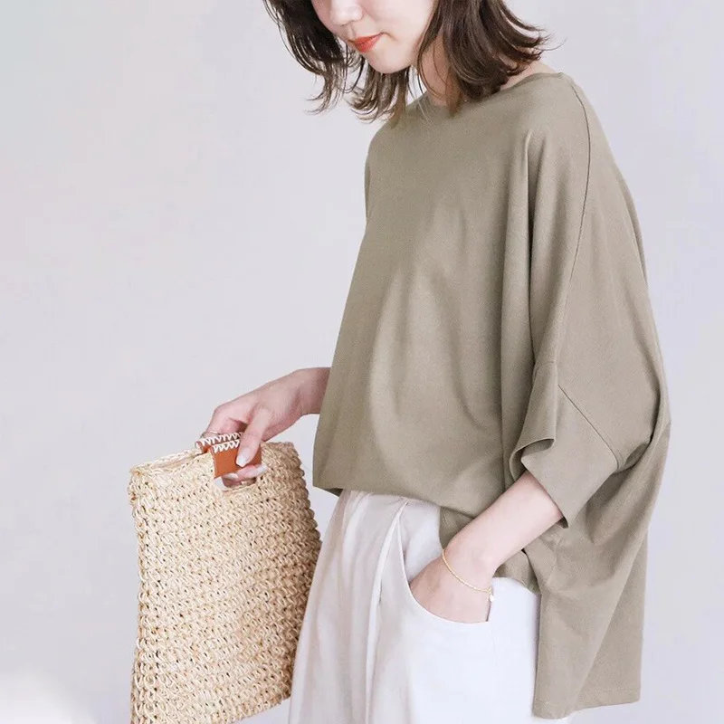 Lotte New Product 6 Colors Pure Cotton Batwing Sleeve Oversized Loose T-Shirt Women's Side Slit Top