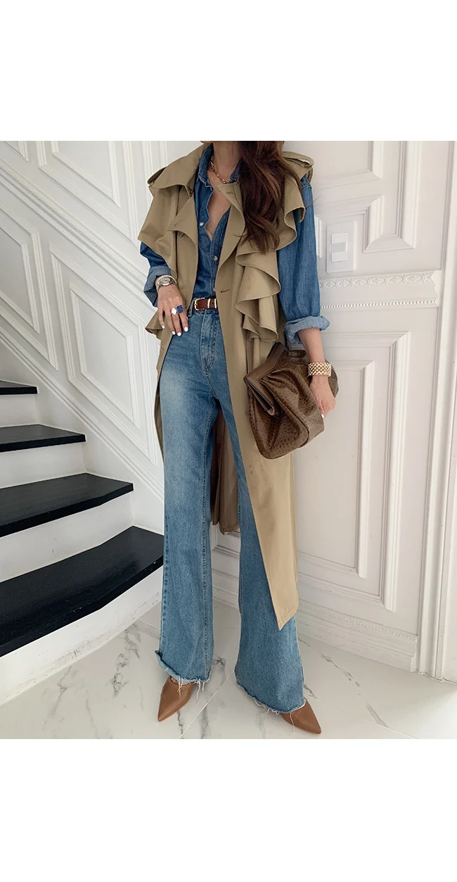 Damski płaszcz trencz, odzież przeciwdeszczowa, blok kolorów, literacki płaszcz wierzchni, na każdą porę roku, szary, krótki, do połowy łydki, gruby, ocieplany polarem, z paskiem w talii.