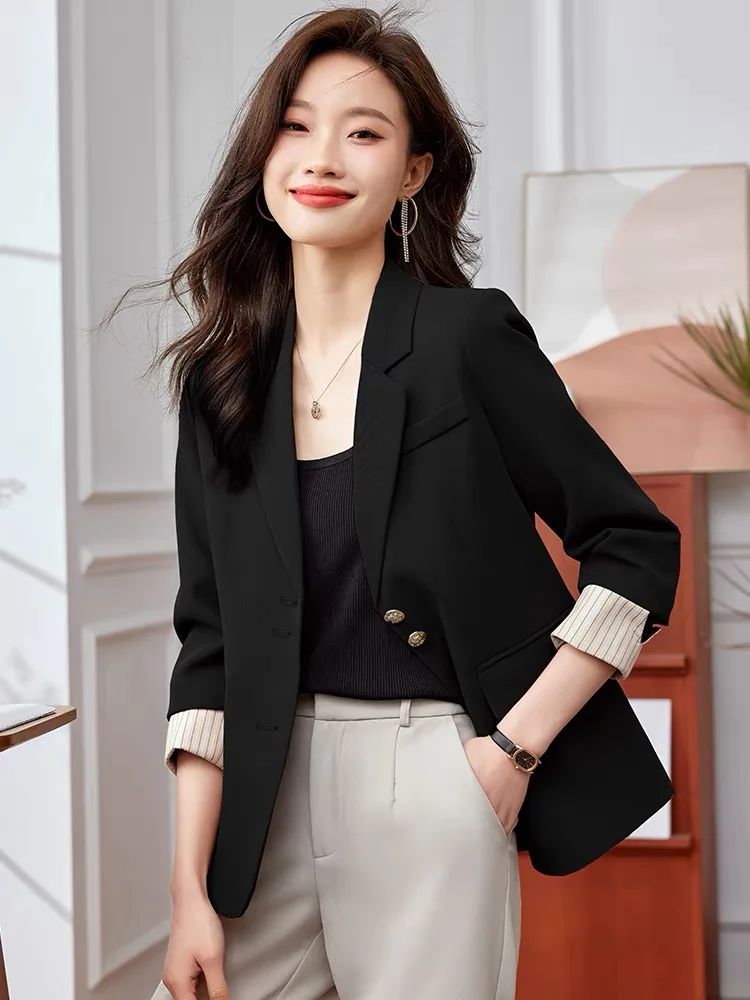 

Korean Women Black Beige Brown Patchwork Elegant Versatile Blazer Jacket Spring Autumn Long Sleeves Single Breasted Tops Popular