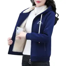 Add Velvet Thickening Hooded Sweater Cotton Coat Woman Autumn Winter 2023 New Casual Cardigan Fashion Printed Warm Jacket Top