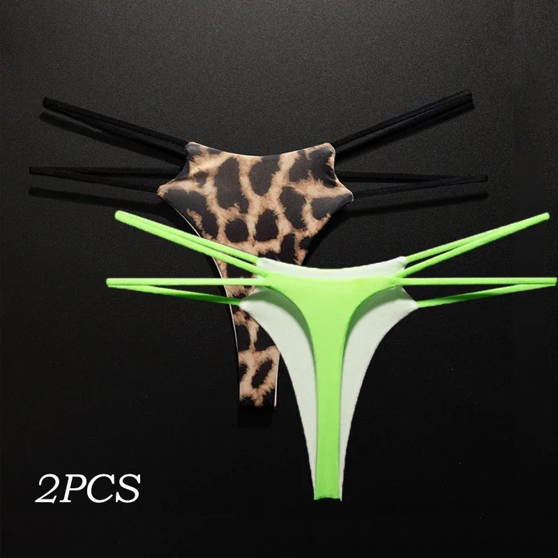 2PCs double slim-belt sexy thong cotton layer breathable panties low-waist seamless T-back G-string Lady simple leopard lingerie