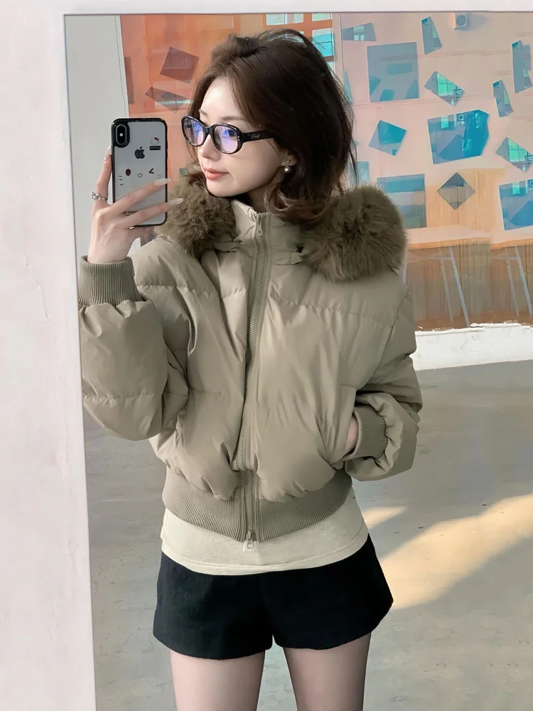 

Повседневное белое пальто Du down ort Puffer Jaet Thi, теплое женское пальто с капюшоном, закрывающее талию, маленький размер, зимнее пальто с меховым воротником...