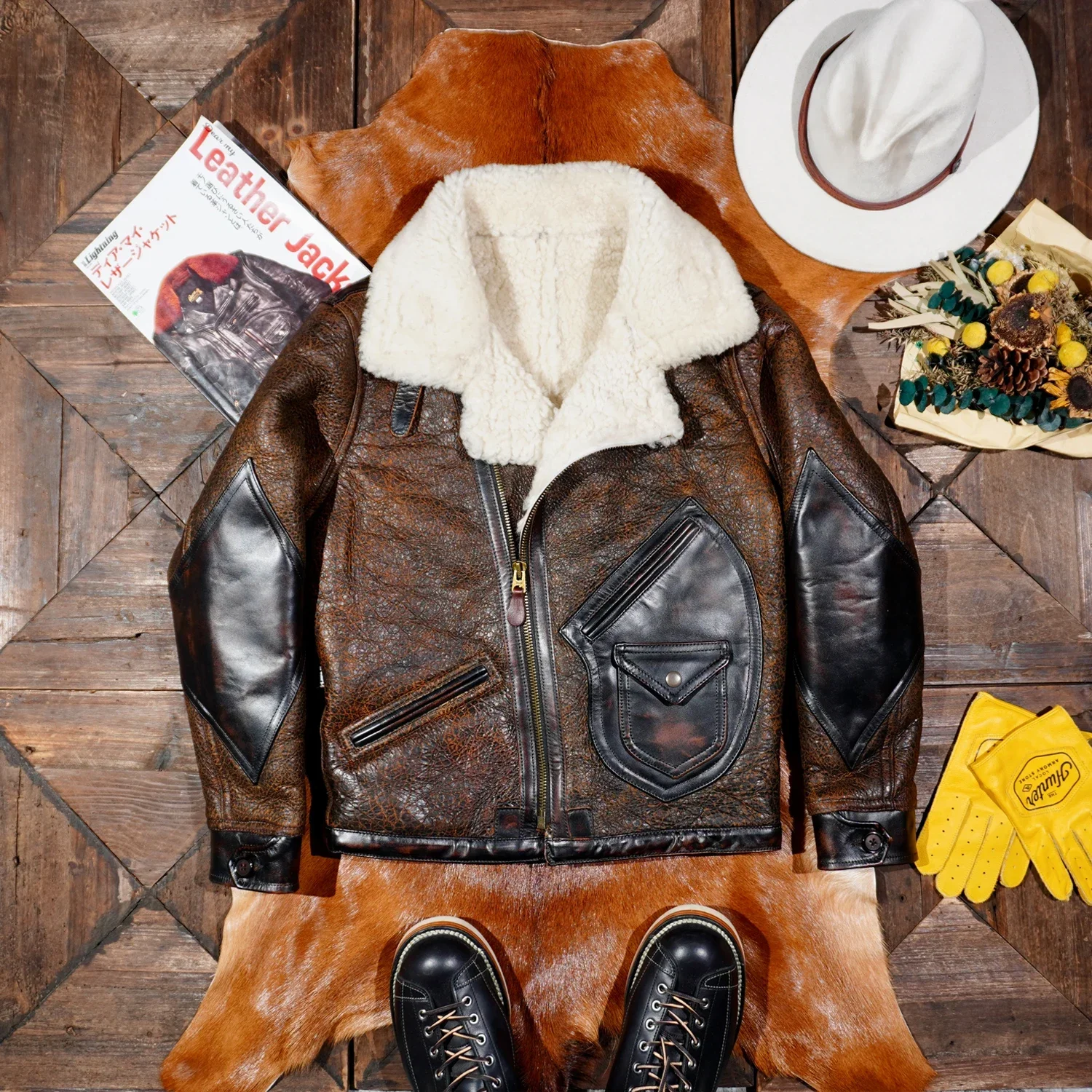 

Tailor Brando Classic D3 Aviator Jacket Washed Aged Sheep Shearling Jacket Men's Warm Slant Zipper Genuine Fur Jacket