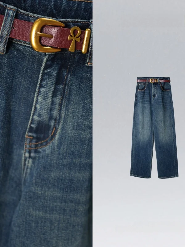 

Slimming Denim Style Floor-Length Washed Straight Leg Jeans with Belt Ladies High Waist Natural Waist Denim Fabric Jeans