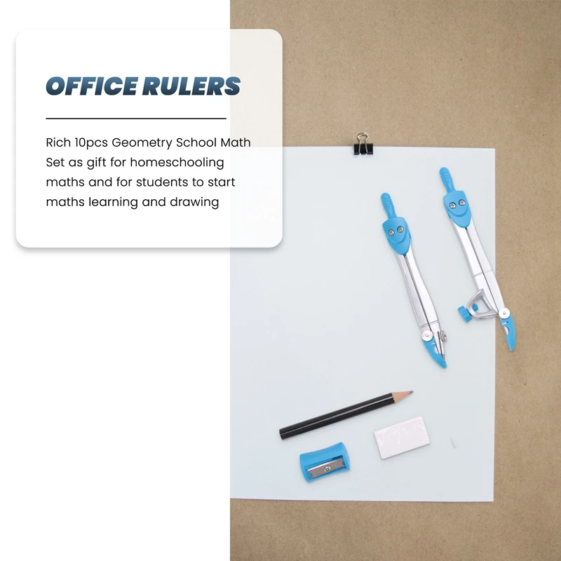 HJ-Geometry Compass Set 10Pcs School Maths Protractor Set Rulers For Student Maths And Engineering In Carry Case