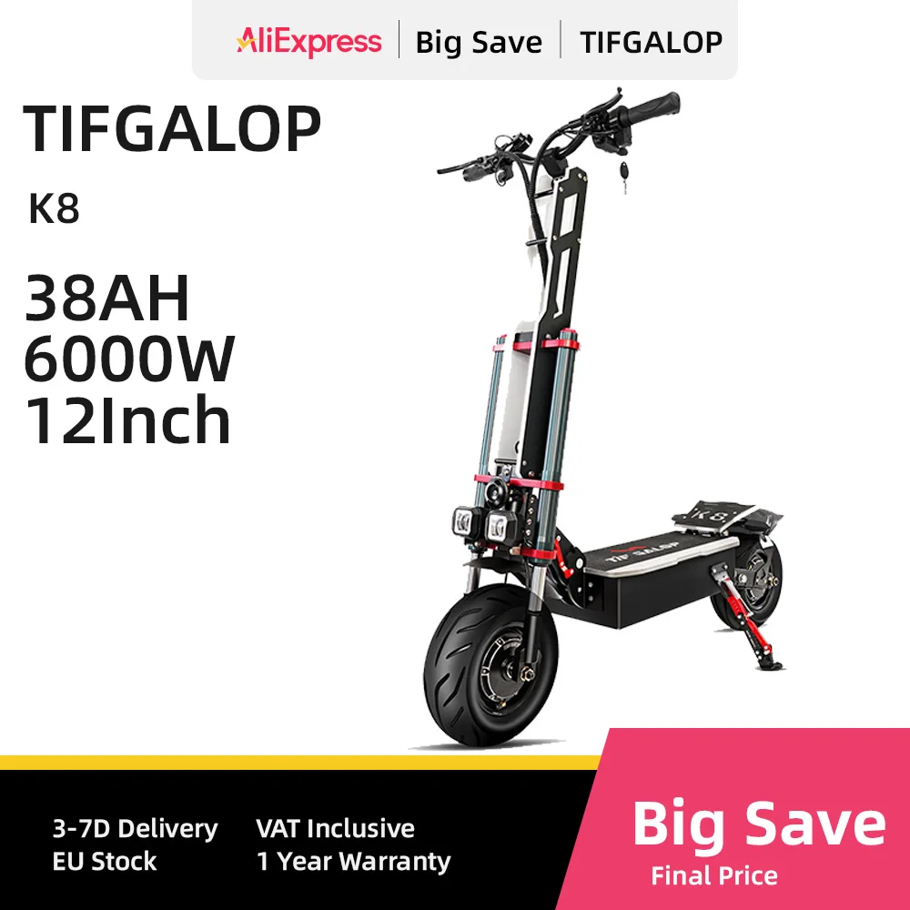 Tifgalop K8 Electric Scooter 6000W Dual Motor 60V40Ah Battery E-Scooter 12 Inch Off-Road Tire Seat Electric Foldable Scooters