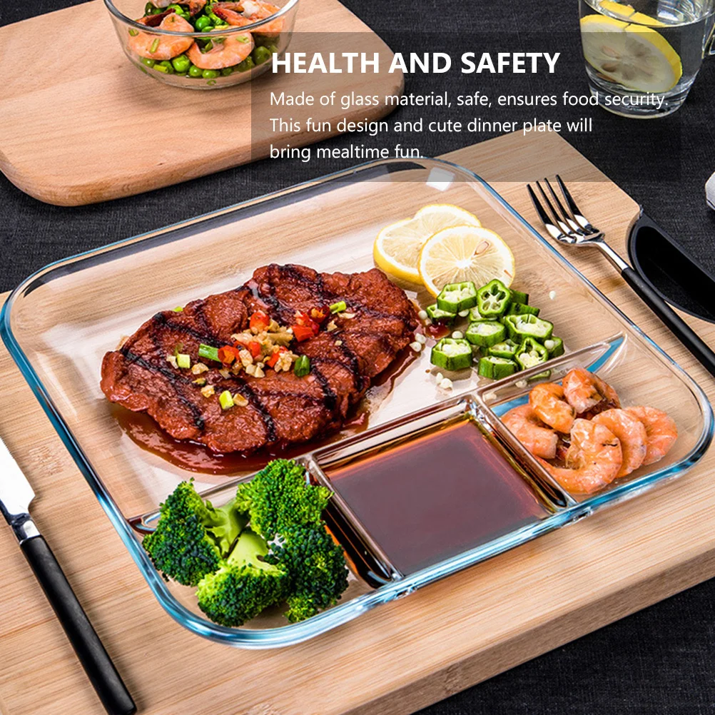 

1Pcs Tempered Glass Divided Dinner Tray Transparent Heat Resistant Food Plate Practical for Home School Office Fruit