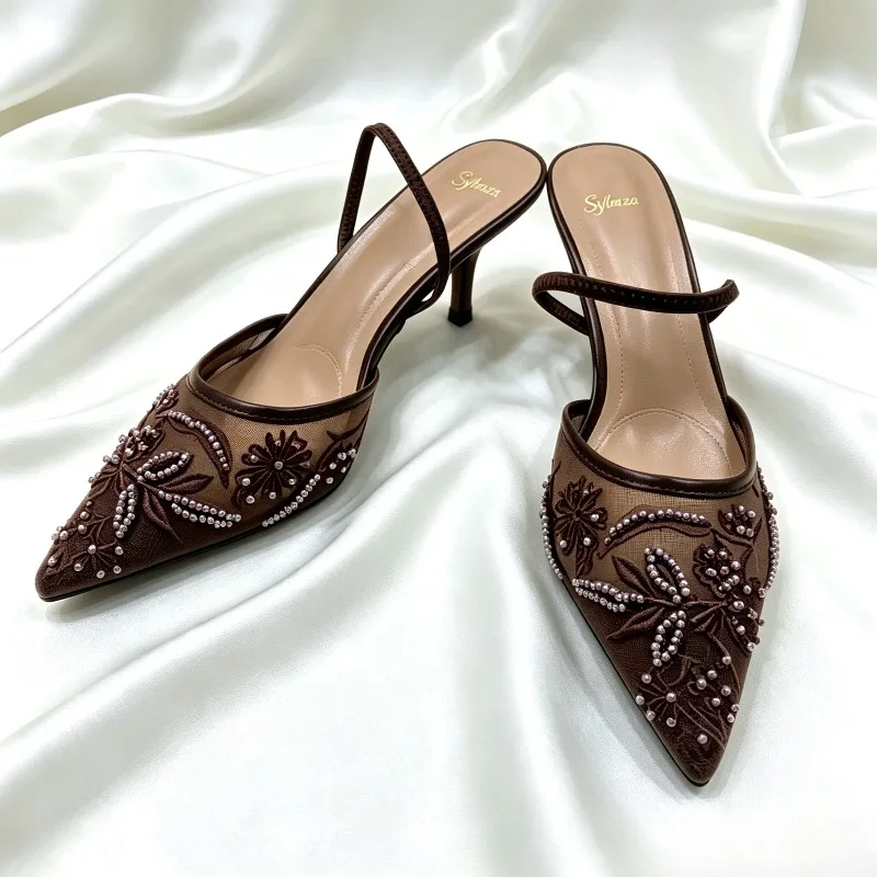 Brown String Bead Mesh Embroider Slingback High Heels Women Sexy Pointed Toe Heeled Sandals Summer Elegant Luxury Designer Shoes image 4