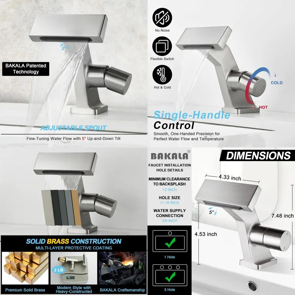 

Single Handle Deck Mount Brushed Nickel Bathroom Faucet with Waterfall Spout and 2 Hoses for Vanity Basin