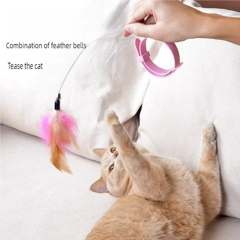 Adjustable Cat Collar Mounted Feather Teaser Toy Silicone Cat Teasing Wand With Bell Interactive Play Toy For Indoor Kitten Cats