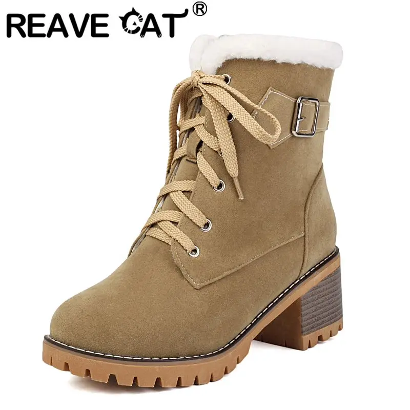 

REAVE CAT 2025 Warm Low cut Footwear Round Toe Heels 5.5cm Lace Up Belt Buckle Flock Winter Big Size 43 44 45 Casual Bota