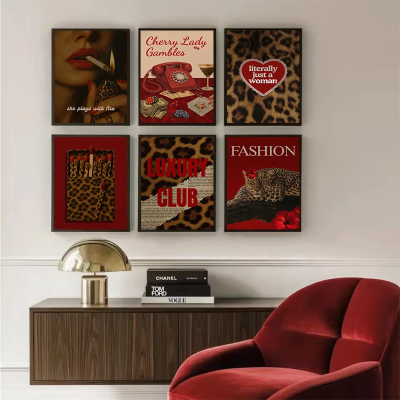 Fashion Leopard Matchbox Wall Art Poster Vintage Girly Prints Canvas Painting Luxury Retro Red Picture for Bar Home Decor