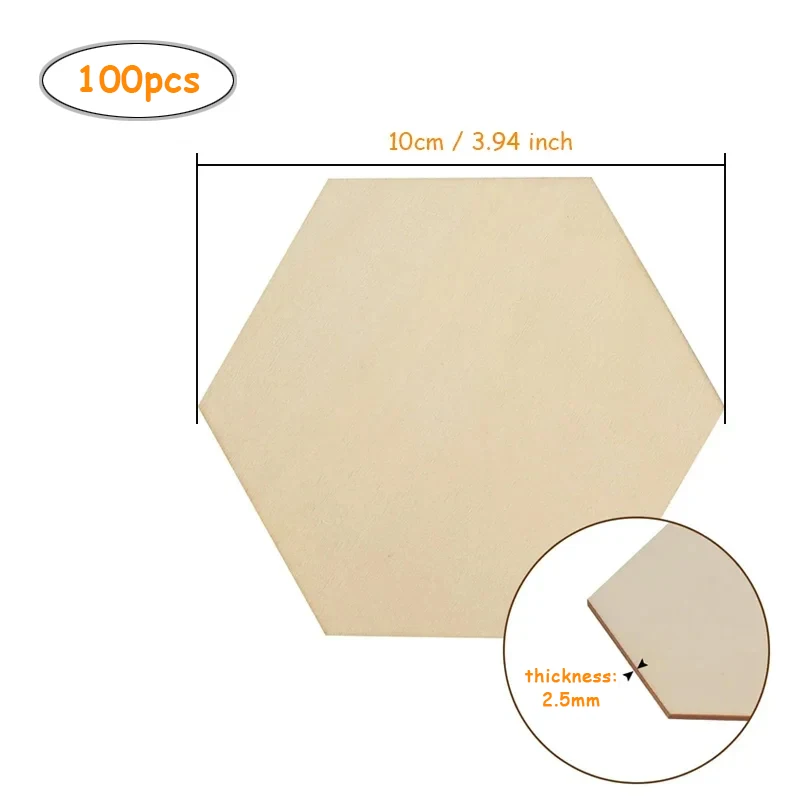 100pcs 10cm Unfinished Blank Hexagon Wood Pieces, Natural Hexagon Wooden Slices Cutouts for DIY Crafts Painting Staining