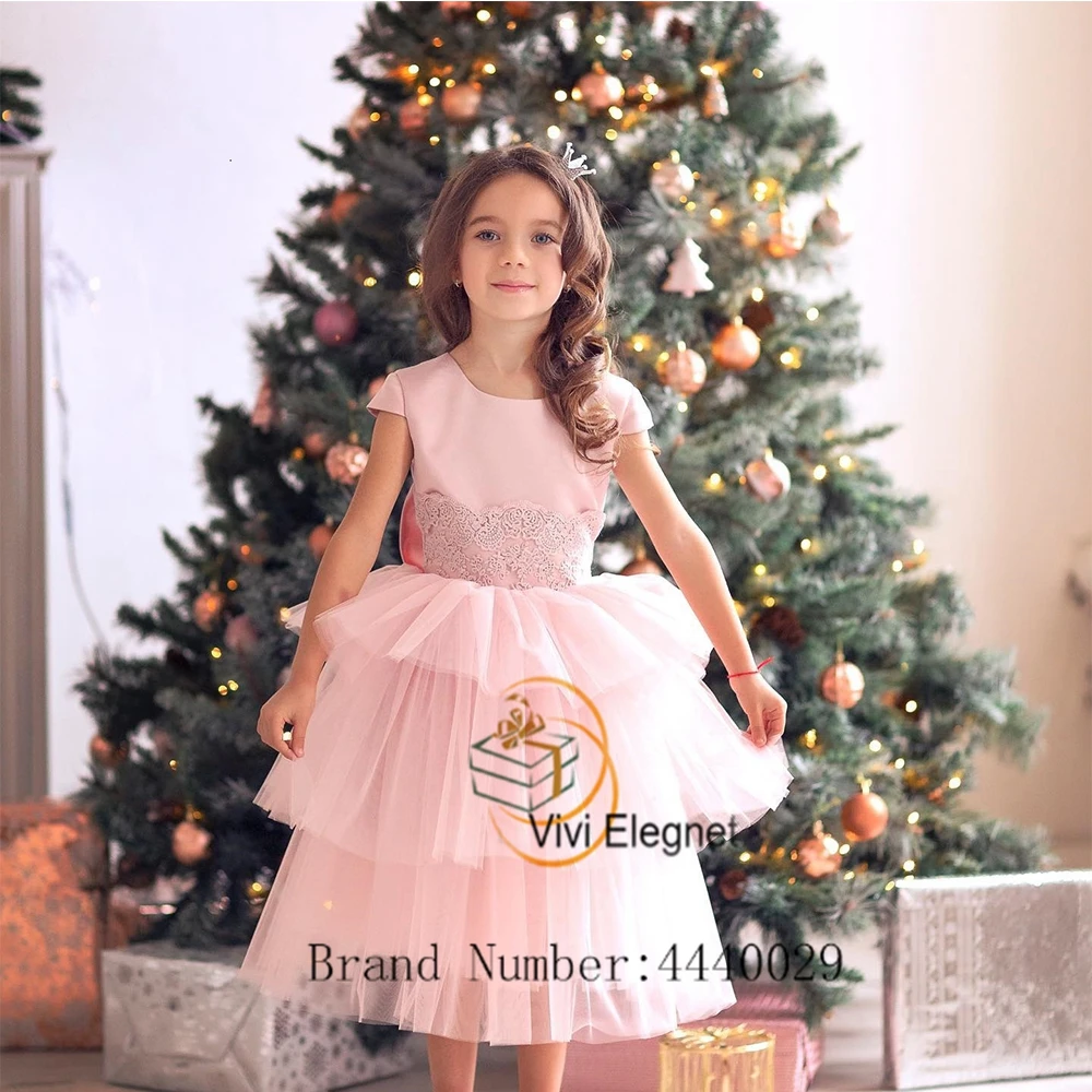 

Charming Pink Flower Girl Dresses Scoop Short Sleeve Tea Length Wedding Party Gowns with Lace 2023 Summer New فساتين بنات صغار