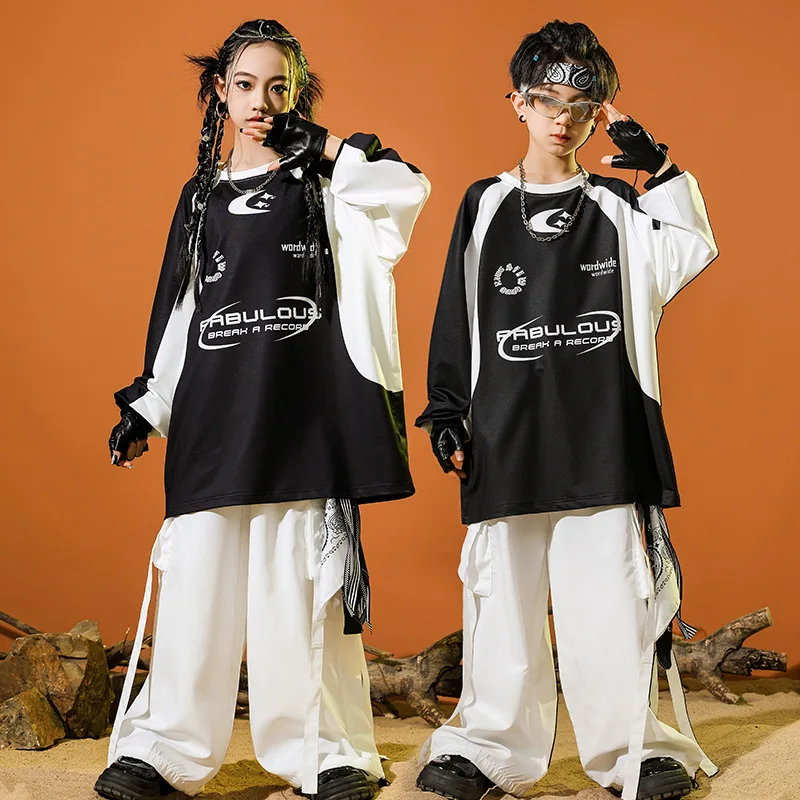 Kids Jazz Suits Hip Hop Crop Model  Street Dance Boy Girl Top Pants Stage Costume Catwalk Clothes Sets Girls Top Sleeves Outfits