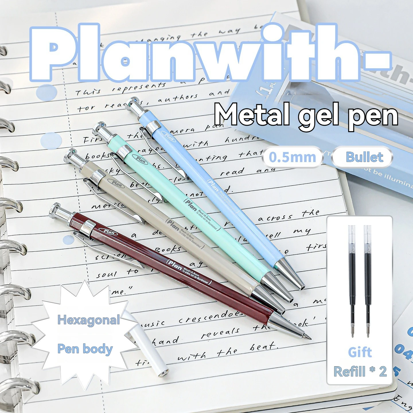 

1PC Gel Pen Metal Neutral Pen Student Stationery Stable Black Ink 0.5mm Bullet Head+2 Pen Core