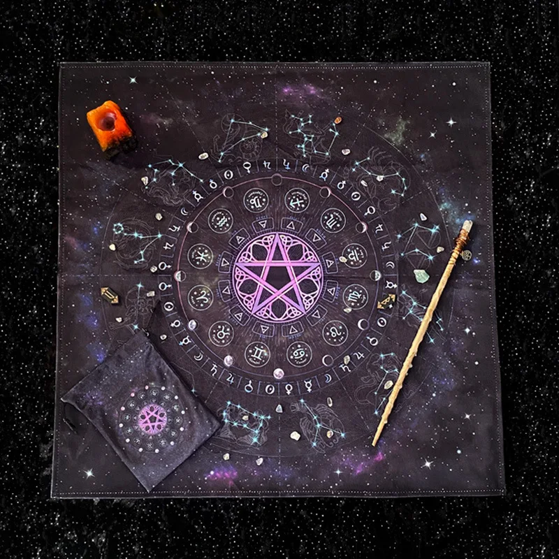 64x64cm Wicca Altar Cloth Pentacle Constellation Oracle Tarot Tablecloth Astrology Divination Board Game Magic Mat Velvet Bag