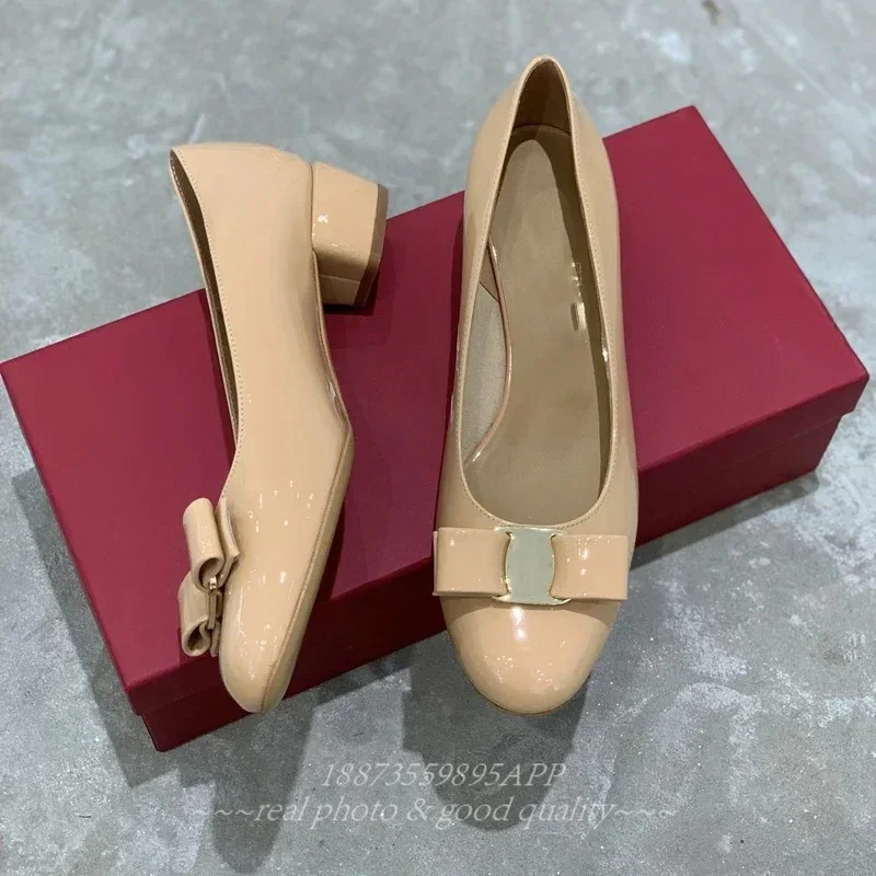 2025年 ファンシティン レディース リボン レザー シャイニーレザー ブロックヒール クラシックブランド 高品質 100% ハンドメイド フラットシューズ