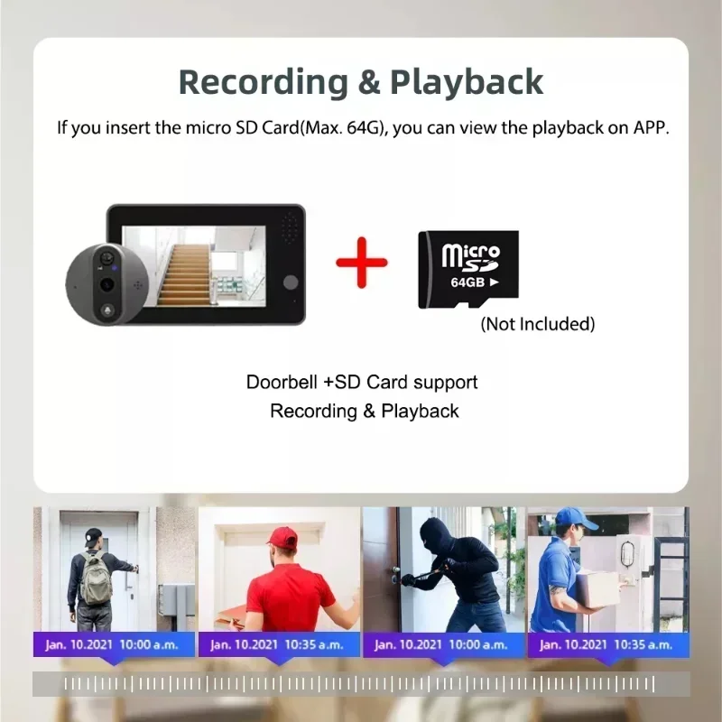 กล้องวงจรปิดออดแบบวิดีโอ WiFi ความละเอียด 1080P, หน้าจอ FHD 4.3 นิ้ว, ระบบรักษาความปลอดภัยบ้าน, เสียงสองทาง, ระบบมองกลางคืน, กล้องมองช่องประตู