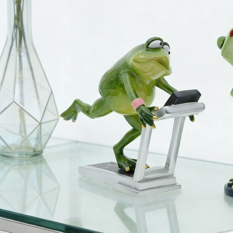  Resin Funny Frogs on Treadmill Miniature Figurine for Garden or Shelf Decors Animal Sculpture Car Dashboard Ornament