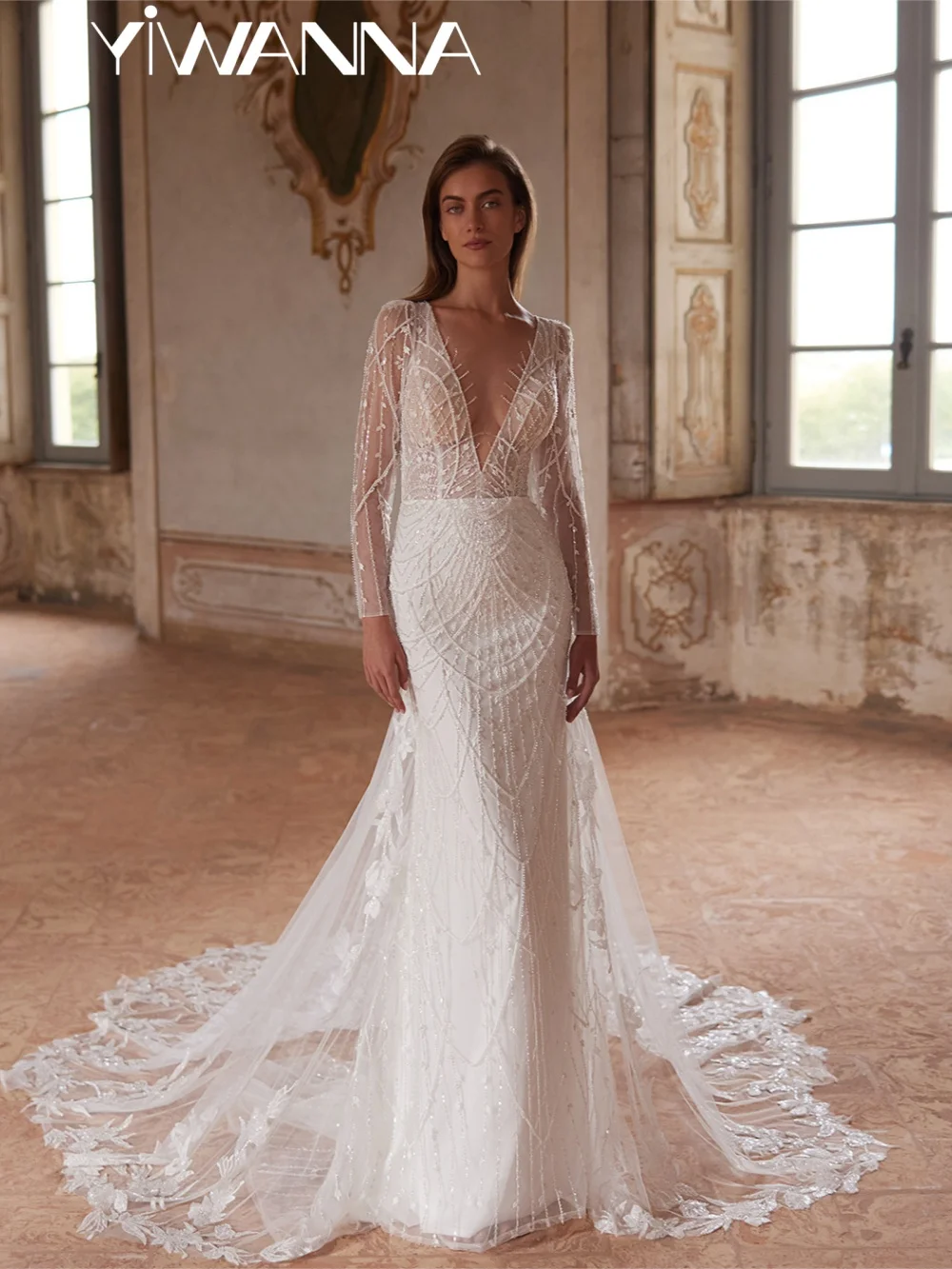 

Hand-sewn Beaded Floor-length Wedding Dress Charming Lace Appliques Bridal Gown New Customized Mermaid Long Dresses For Bride