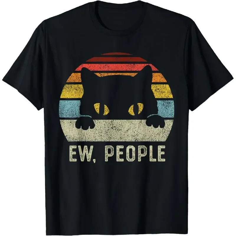 Men's & Women's Loose Round Neck Short-Sleeve Casual Retro Cat Graphic Sports Top, Anti-Social Introvert Themed Garment with Funny 